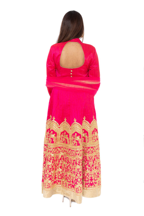 Gala Pink with Gold Embroidered  Indo-Western Long Anarkali Gown