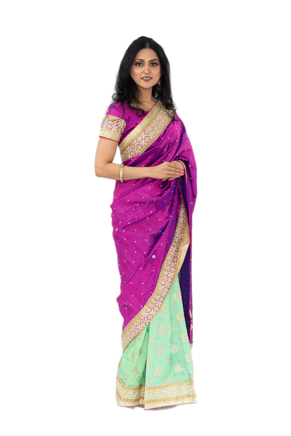 Spring Duchess Purple and Green Pre-Pleated Sari-SNT10089