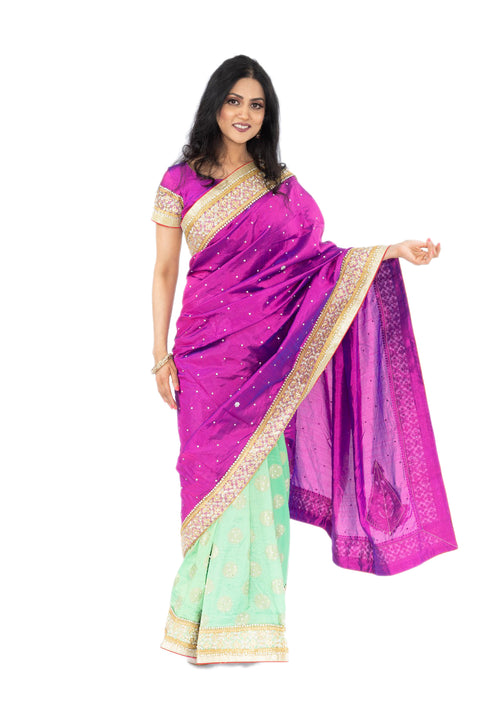 Spring Duchess Purple and Green Pre-Pleated Sari-SNT10089