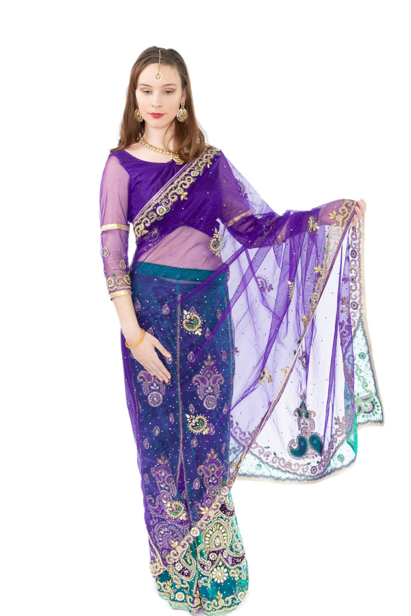 Posh Purple and Green Ready-Made Pre-Pleated Sari