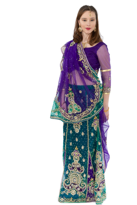 Posh Purple and Green Ready-Made Pre-Pleated Sari