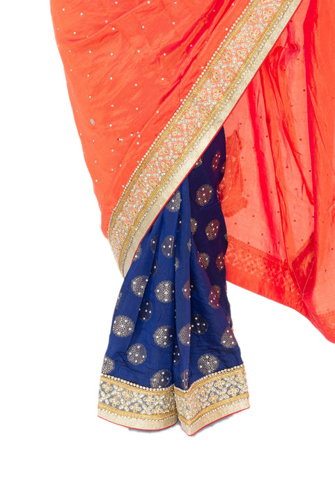 Lovely Orange and Blue Pre-Pleated Ready-Made Sari