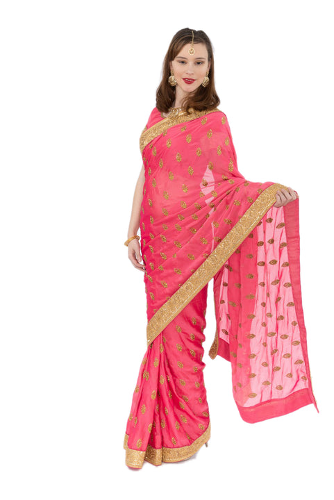Embellished Pink Ready-Made Pre-Pleated Sari
