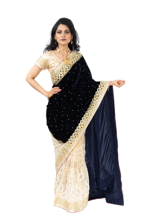 Celestial Navy & Gold Velvet Pre-Pleated Sari