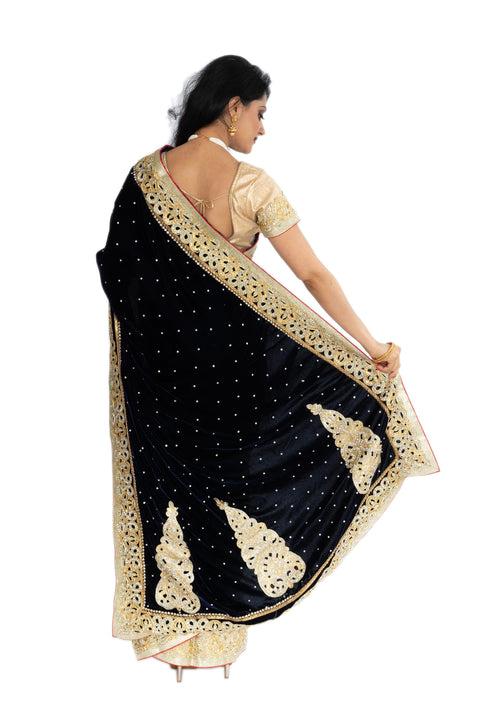 Celestial Navy & Gold Velvet Pre-Pleated Sari