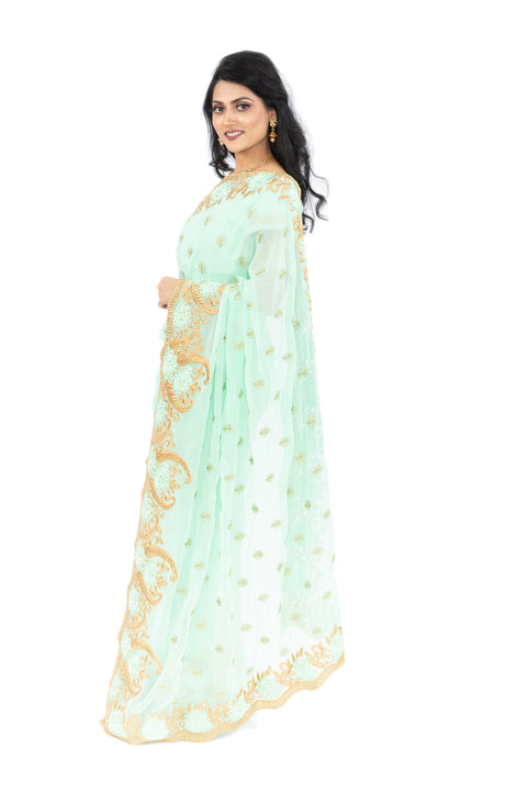 Pastel Green Pre-Pleated Ready-Made Sari-SNT10081