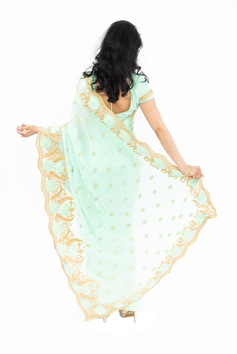 Pastel Green Pre-Pleated Ready-Made Sari-SNT10081