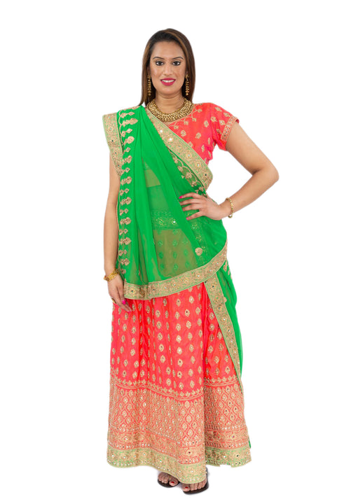 Miss Orange And Bright Green Lehenga- SNT11077