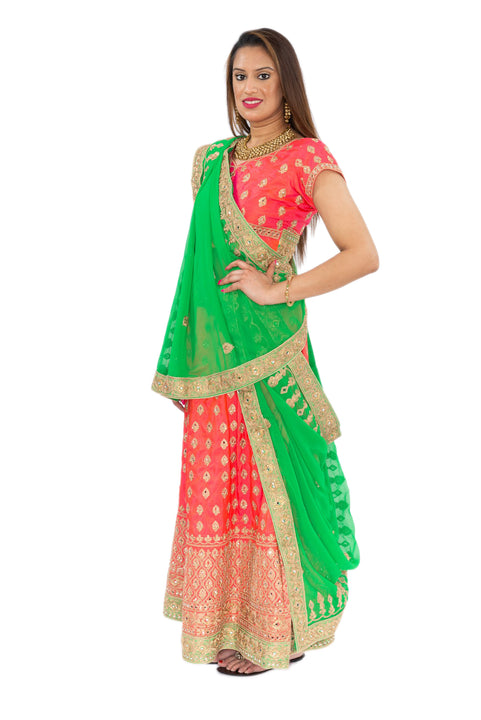 Miss Orange And Bright Green Lehenga- SNT11077