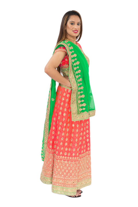 Miss Orange And Bright Green Lehenga- SNT11077