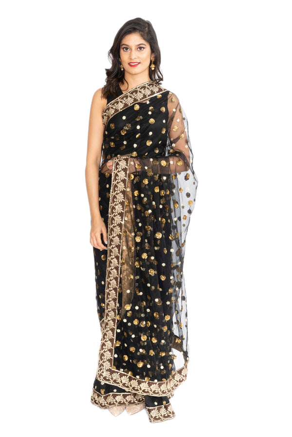 Sheer Black and Gold Pre-Pleated Ready-Made Sari