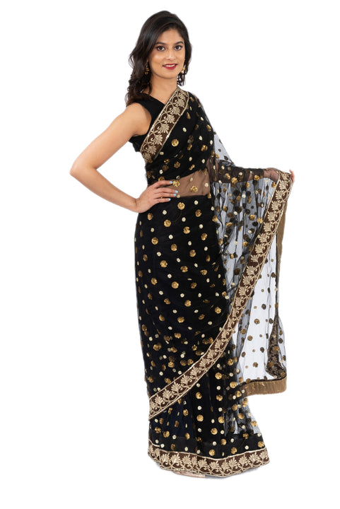 Sheer Black and Gold Pre-Pleated Ready-Made Sari