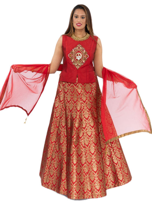 Maharani Maroon and Gold Silk Lehenga with Long Blouse