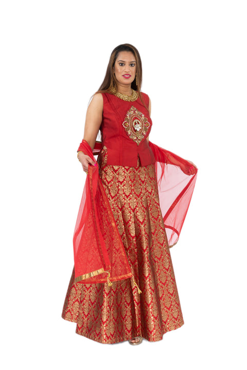 Maharani Maroon and Gold Silk Lehenga with Long Blouse