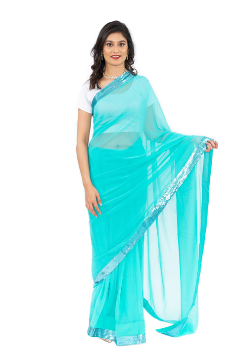 Vibrant Teal Pre-Pleated Ready-Made Sari