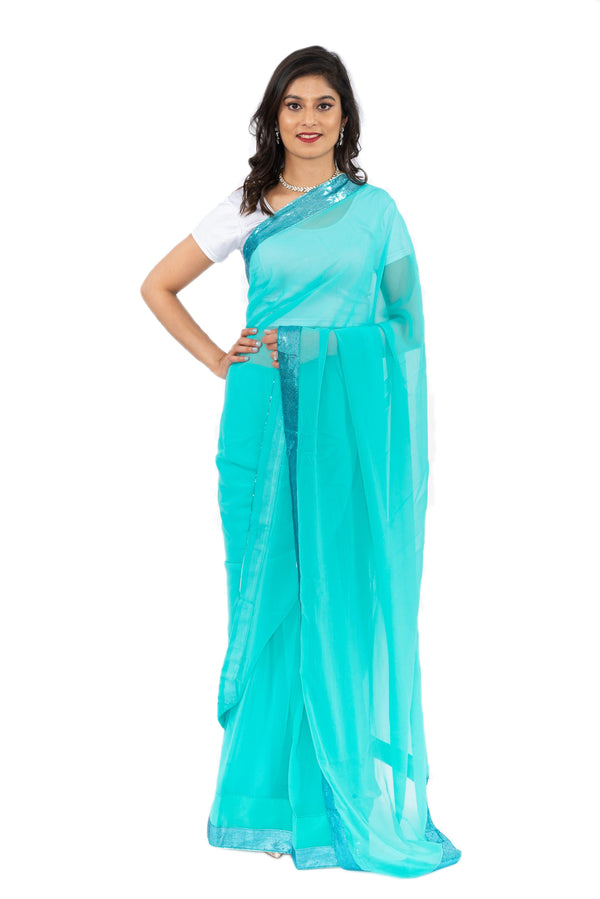 Vibrant Teal Pre-Pleated Ready-Made Sari