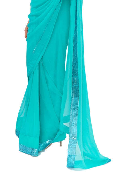 Vibrant Teal Pre-Pleated Ready-Made Sari