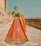 Prepossessing Green and Orange Lehenga Choli-  SNT11024