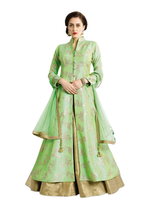 Elegant Lime Silk Embroidered Jacket Lehenga Gown-SNT11099