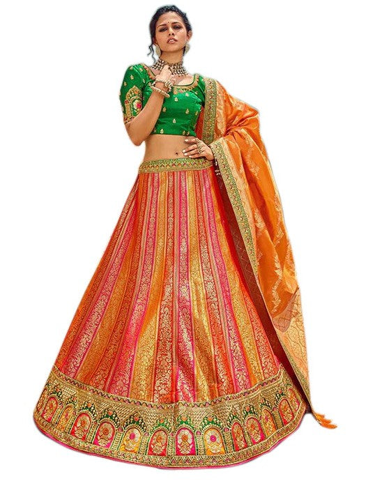 Prepossessing Green and Orange Lehenga Choli-  SNT11024