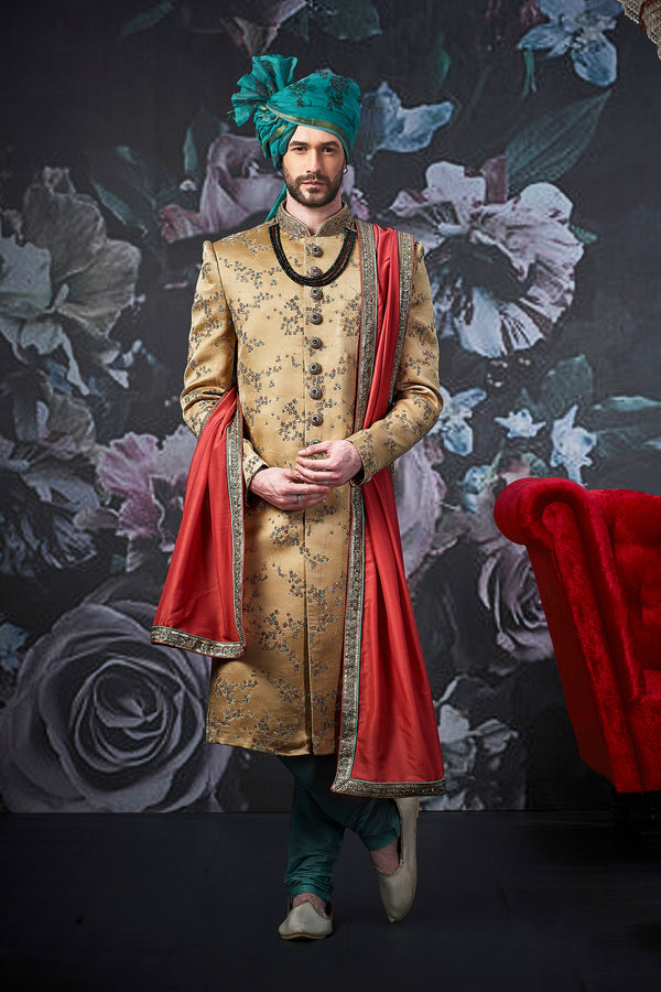 Mesmerizing Royal Look Dark Gold Indian Wedding Sherwani For Men - WS135031SNT