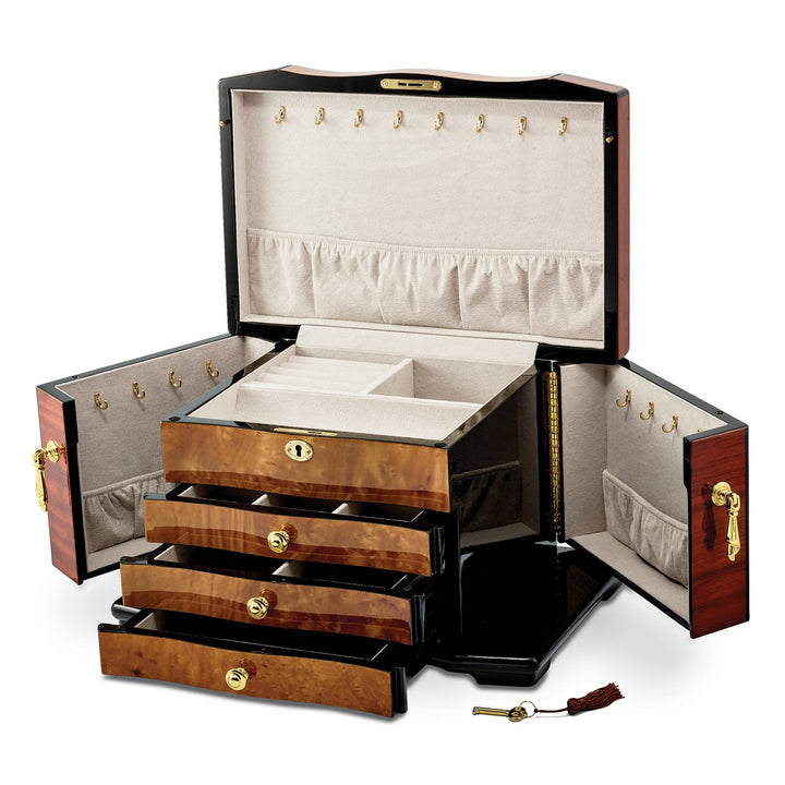 Bubinga w/Elm Burl Inlay 3 Drawer with Swing-out Sides Jewelry Box