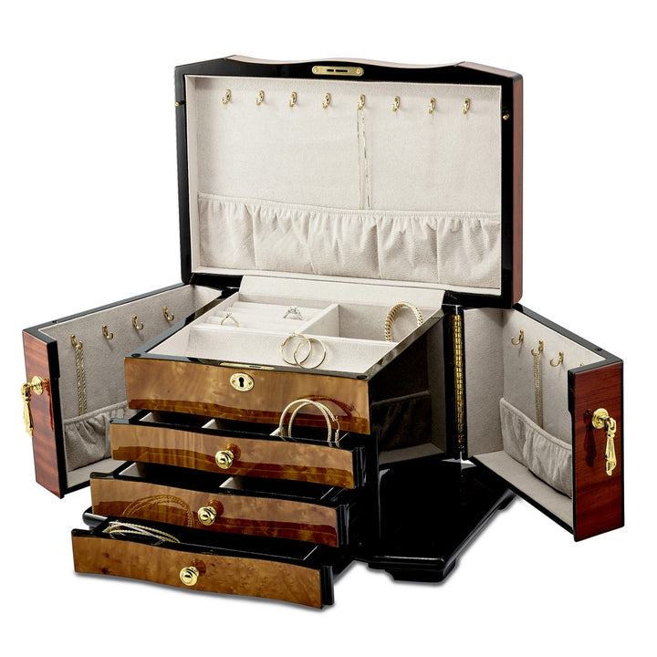 Bubinga w/Elm Burl Inlay 3 Drawer with Swing-out Sides Jewelry Box
