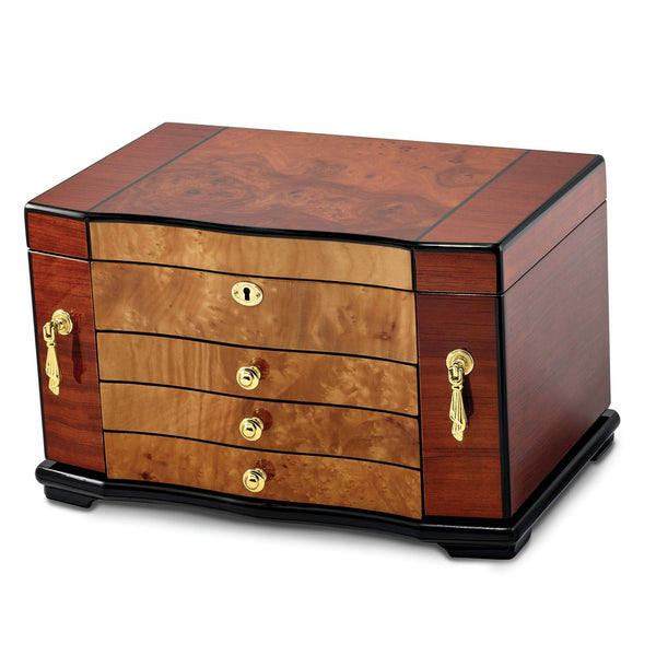 Bubinga w/Elm Burl Inlay 3 Drawer with Swing-out Sides Jewelry Box