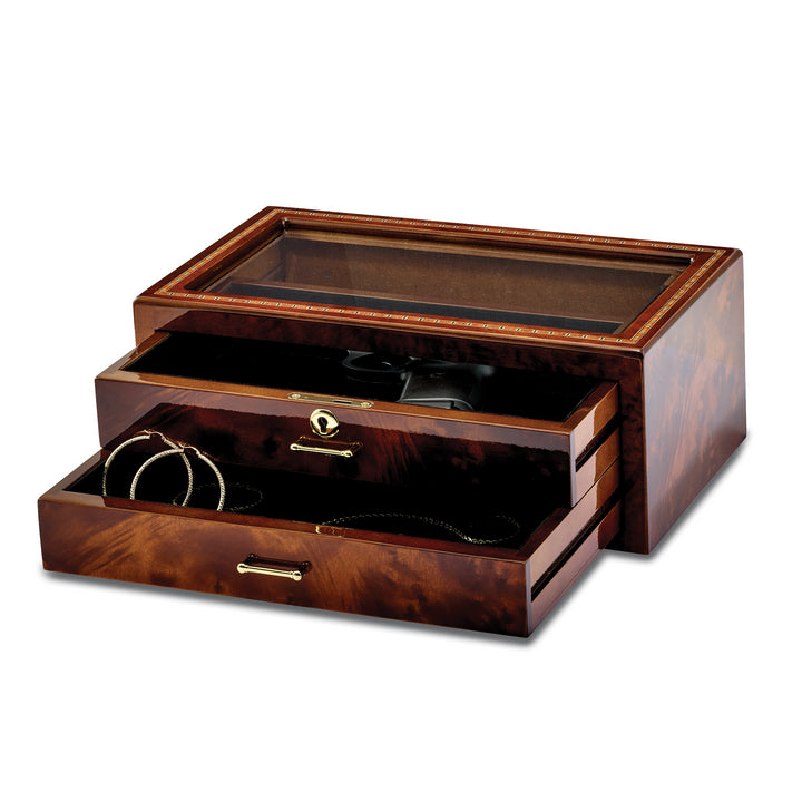 Inlay Wood Veneer Glass Window 2 Drawer Locking Collector Box