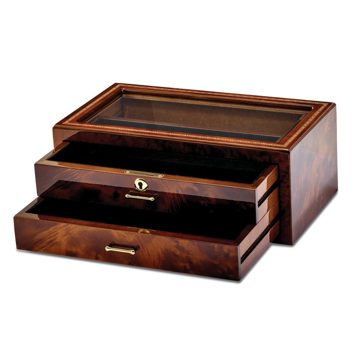 Inlay Wood Veneer Glass Window 2 Drawer Locking Collector Box