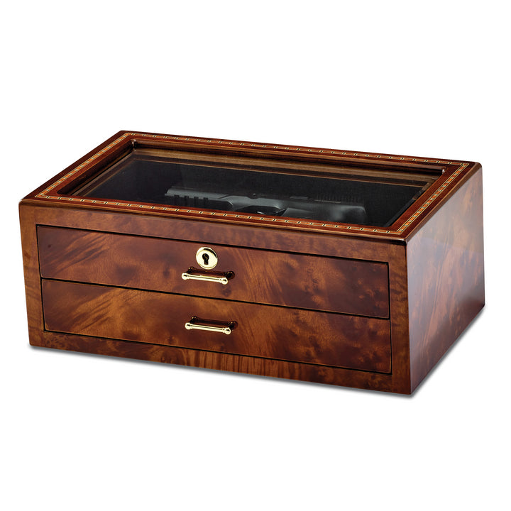 Inlay Wood Veneer Glass Window 2 Drawer Locking Collector Box