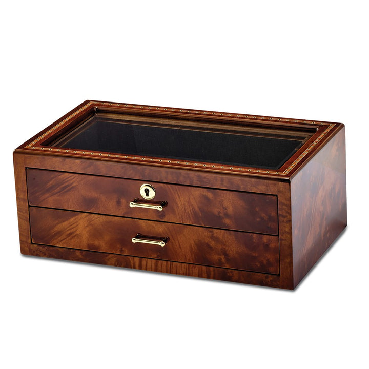 Inlay Wood Veneer Glass Window 2 Drawer Locking Collector Box