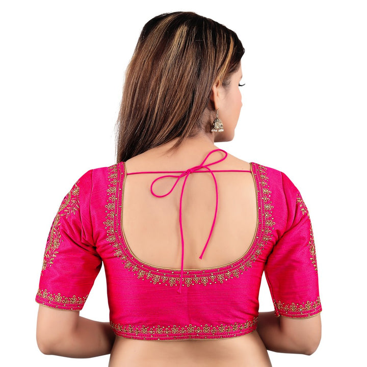 Exquisite Pink Designer Indian Traditional Round Neck Saree Blouse Choli (KP-240-ELB-Pink)