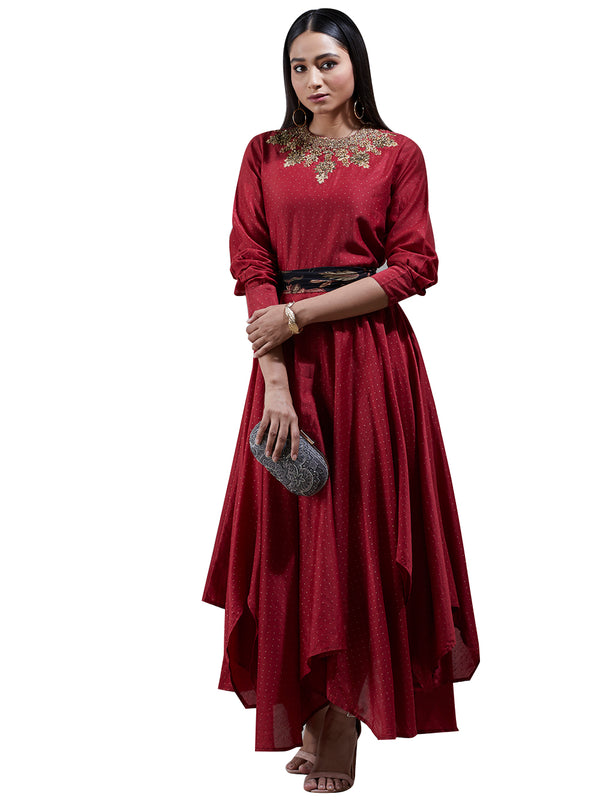 Ritu Kumar Red Embroidered Asymmetric Chanderi Kurta Dress