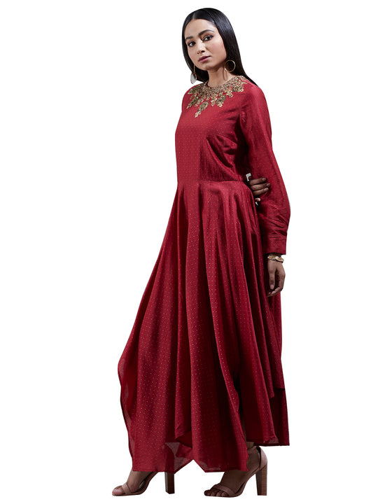 Ritu Kumar Red Embroidered Asymmetric Chanderi Kurta Dress