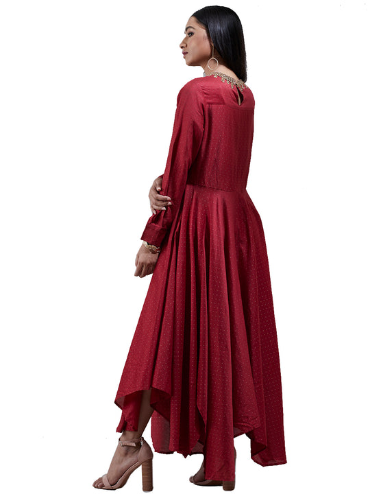 Ritu Kumar Red Embroidered Asymmetric Chanderi Kurta Dress