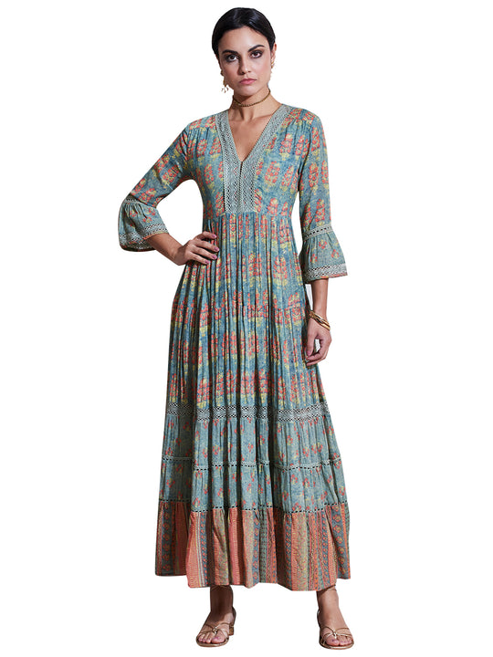 Ritu Kumar Green Floral Print Cotton Anarkali Ritu Kumar Green Floral Print Cotton Anarkali