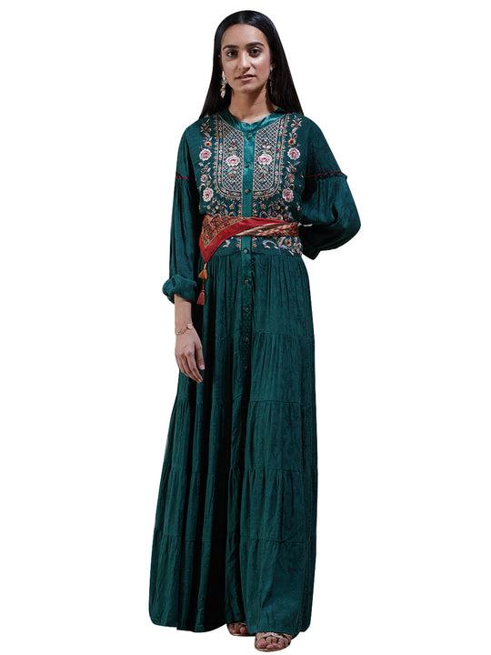 ritu kumar green dress Olive Green Silk Printed Semi-Fitted Vacation Dress by Ritu Kumar at Pernia's Pop Up Shop 2026