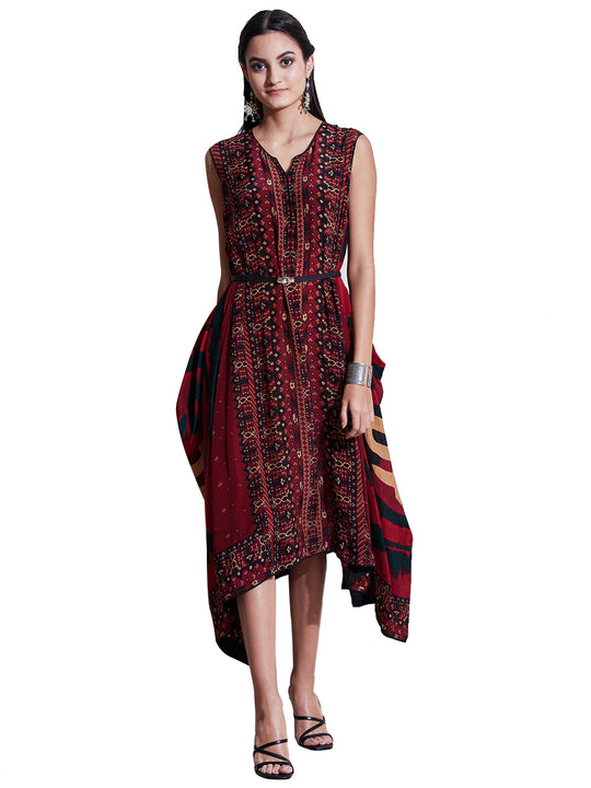 Ritu Kumar Burgundy & Black Printed Asymmetric Dress