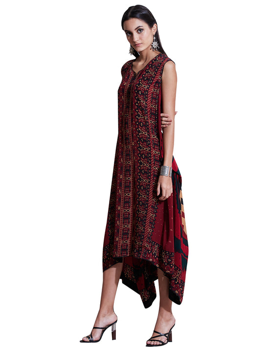 Ritu Kumar Burgundy & Black Printed Asymmetric Dress