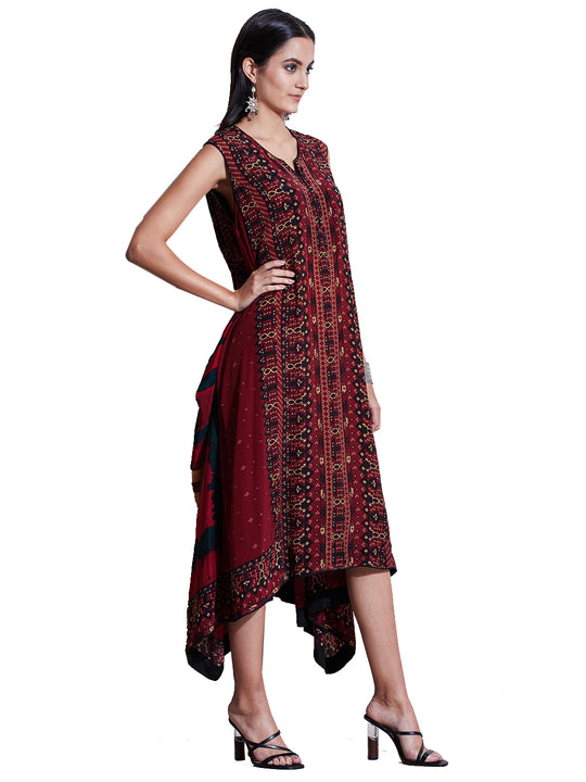 Ritu Kumar Burgundy & Black Printed Asymmetric Dress