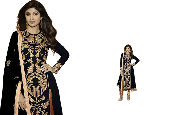 Gorgeous Black and Gold Embroidery Anarkali Churidar - Buy
