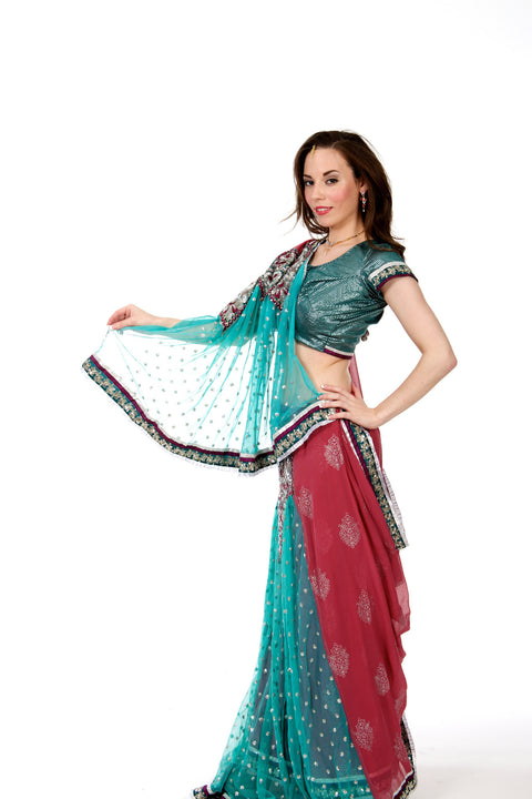 Pink and Green Lehenga Style Pre-Pleated Ready-made Sari