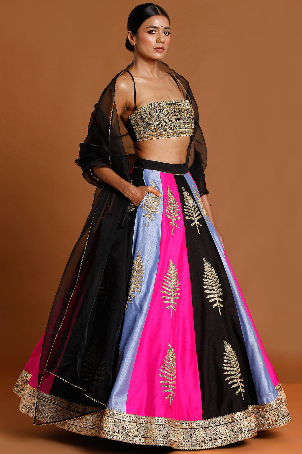 Buy Pink Solid Semi Stitched Lehenga, Black Choli and Dupatta Set online |  Looksgud.in