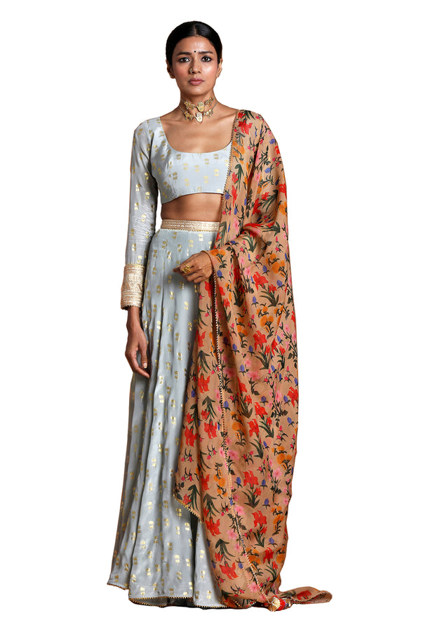 Masaba Grey Fern Lehenga Set With Floral Dupatta