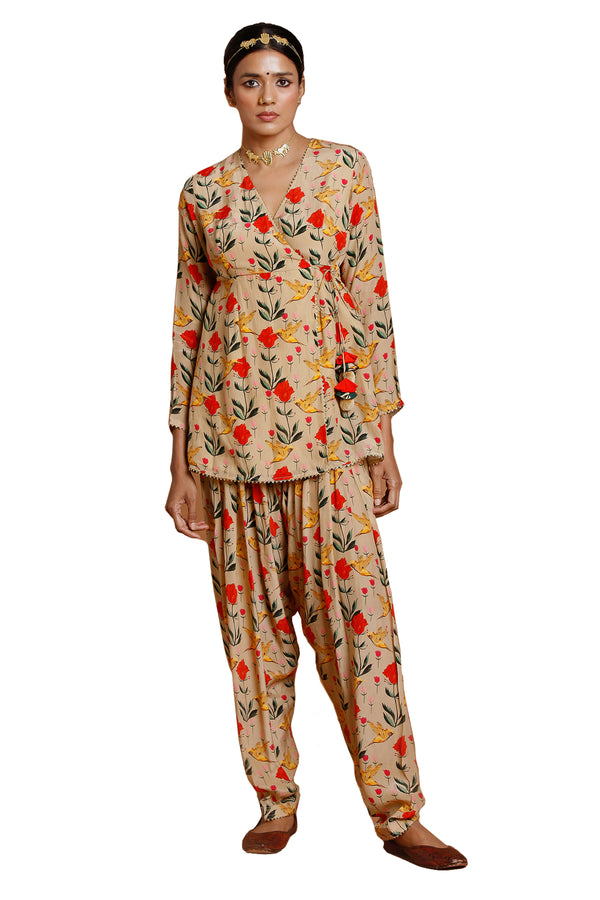 Masaba Oatmeal Embroidered Angrakha Kurti Set