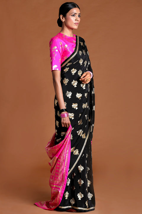 Masaba Black-Hot Pink  Fin Lake Saree Featuring Hot Pink Palla