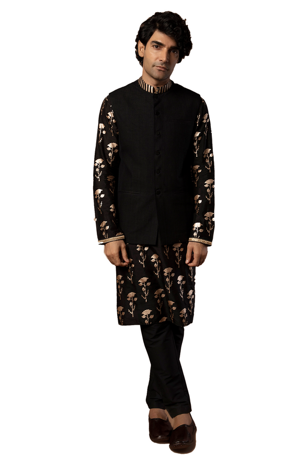 Masaba Indian Designer Traditional Black Periwinkle Men's Kurta with Nehru Bandi Jacket