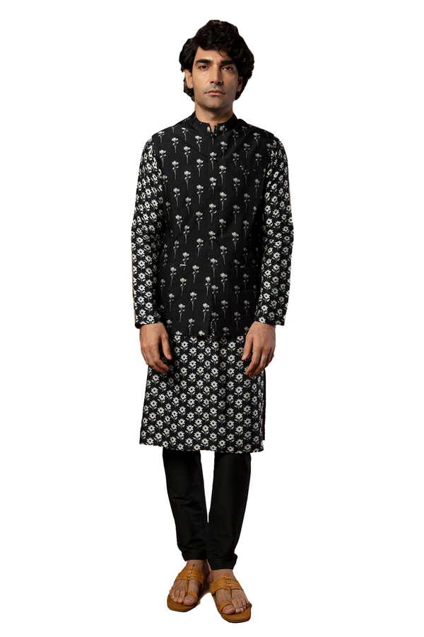 Masaba Indian Designer Traditional Black Poppy Dew Men's Kurta Set With Nehru Bandi Jacket