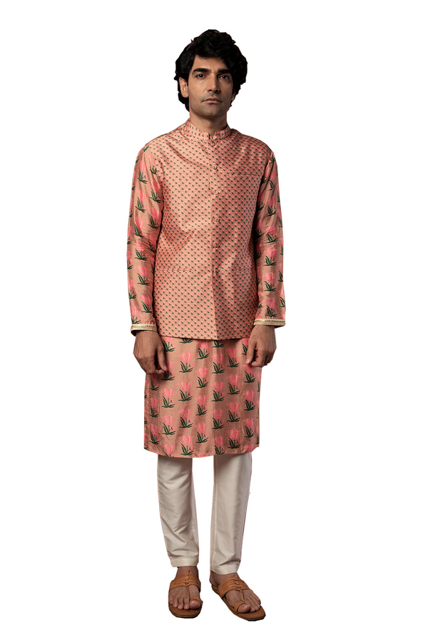 Masaba Indian Designer Traditional Dusty Pink Tulip Kurta Set With Nehru Bandi Jacket